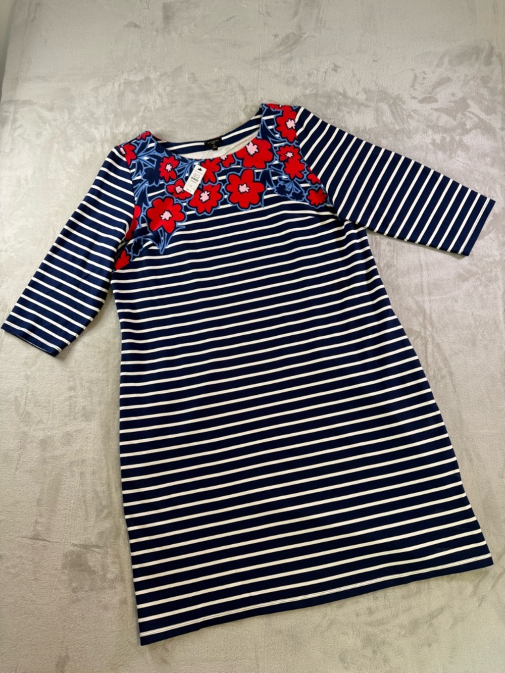 Talbots Navy & White Striped Dress with Red Floral Yoke